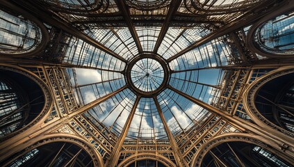 Obraz premium Steel Truss Roof with Skylights Viewed from Below Against a Cloudy Urban Sky