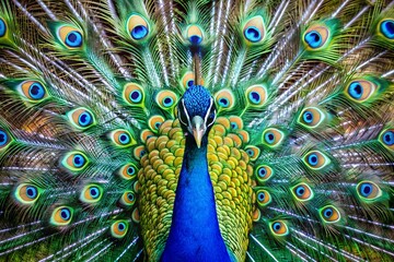 Fototapeta premium The image shows a close-up of a peacock's with feathers 