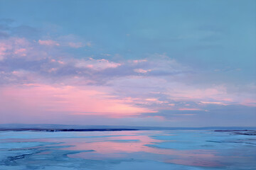 Beautiful pastel sunset over frozen lake with soft clouds and serene landscape