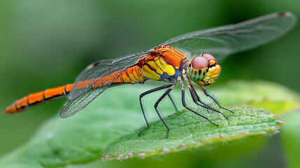 Dragonfly macro photography orange yellow insect nature wildlife close up detailed wings leaf garden