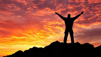 Fototapeta premium Man Standing on Mountain Top with Arms Raised in Triumph Over Scenic View
