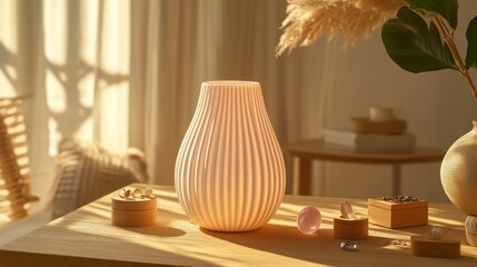 Light beige lamp on wooden table in sunlit room