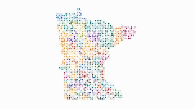Minnesota dotted animation. Shape of the state build of pulsating colored dots. Small size square blocks. Digital style map on white background. Trending video.