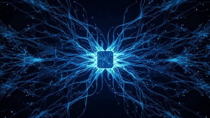 Complex web of blue neural networks forming a digital mesh glowing with electric impulses represents AI and futuristic connectivity concept - Powered by Adobe