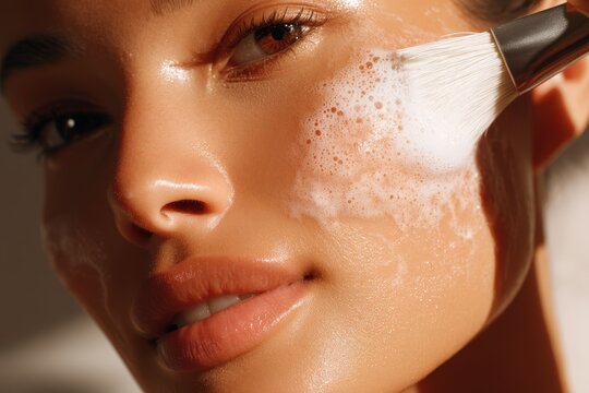 Captivating skincare ritual showcasing a woman indulging in self-care amidst warm, natural light