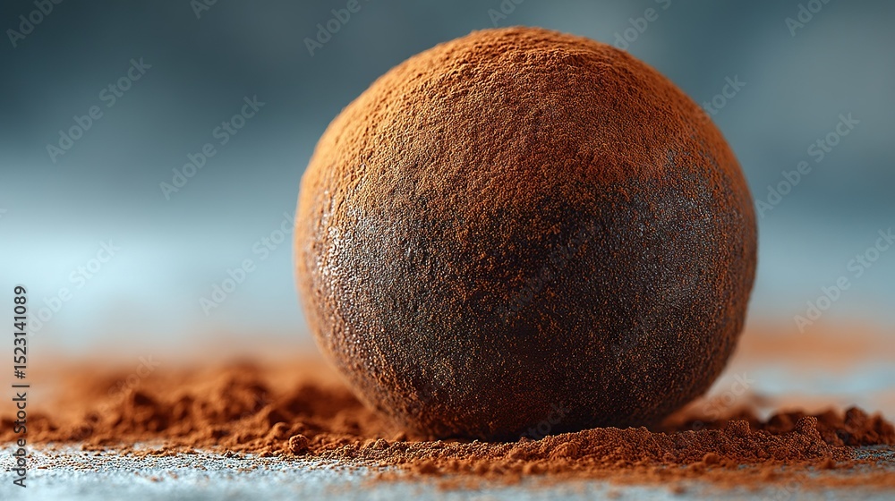 Poster a close-up image of an orange placed on a table with cocoa powder scattered nearby