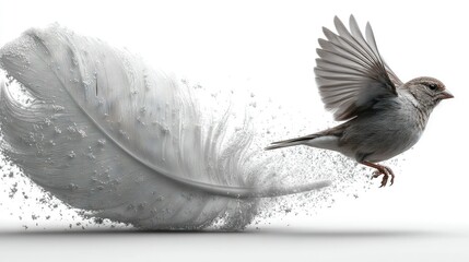   A bird flying through the air with a feather in its beak and wings spread out