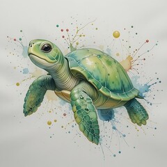 Vibrant Sea Turtle Illustration with Splash Ink Background