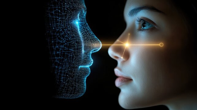Digital face model and human face in close-up view.
