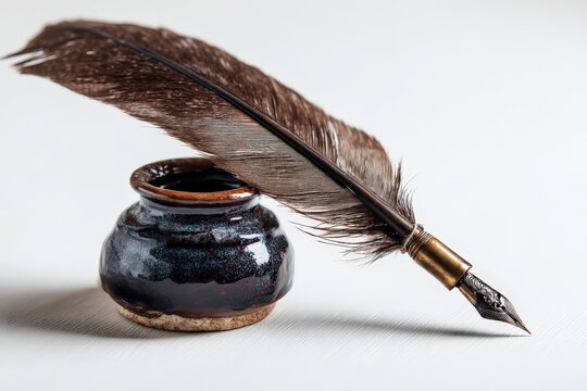 Elegant quill and inkpot resting gracefully on a minimalistic surface at dawn