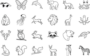Diverse Wildlife Line Art Mammals, Birds, Insects, and Marine Life