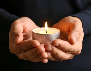Hands holding a lit tea light candle