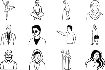Diverse People Icons Line Art, Professions, Activities, and Styles