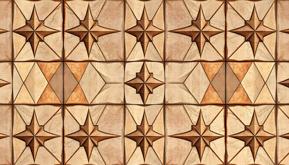 "Decorative geometric triangle pattern with tiled mosaic and textured wallpaper overlay", realistic. White tone