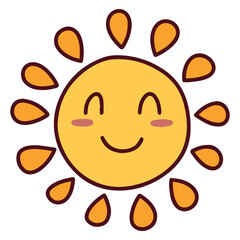 Round yellow sun with dotted rays, smiling face and blushing cheeks, joyful character with playful expression