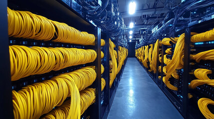 Obraz premium Data center server room with yellow cables network infrastructure and it equipment technology solutions