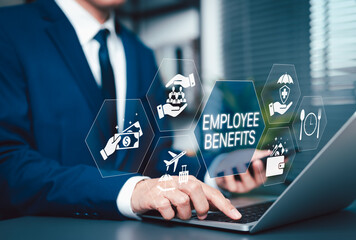Naklejka na ściany i meble Employee Benefits and Compensation Strategy Concept. Icons representing employee benefits, including healthcare, insurance, vacation, financial perks, workplace incentives, and compensation strategy.