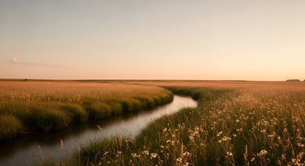 Naklejka premium Serene River Flowing Through a Golden Grassy Meadow at Sunset