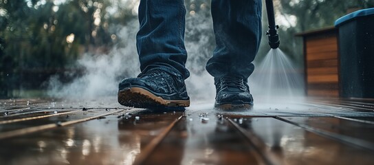 Person Using High-Pressure Power Washer to Clean Wooden Backyard Floor