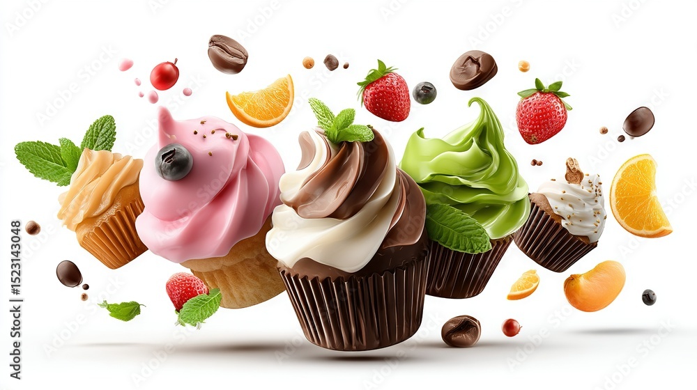 Poster a cluster of cupcakes topped with frosting and adorned with fruits are airborne