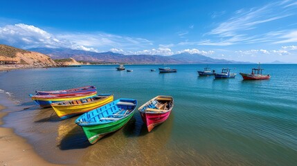 Fototapeta premium Máncora Beach : Colorful boats on a serene beach with mountains in the background. AI-generated.