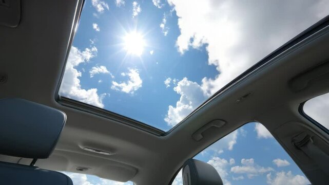 Looking up at clouds and blue sky through sunroof window

