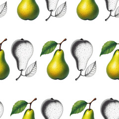 Seamless Pattern with Hand Drawn Pears, sketch and realistic style. 