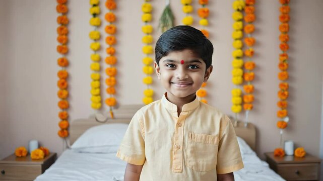 Portrait of a smiling indian child wearing traditional kurta pajama standing in a decorated bedroom during a religious festival celebration with marigold flower garlands hanging on the wall