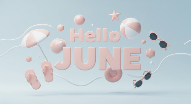 Summer welcome concept with "hello june" design showing beach elements