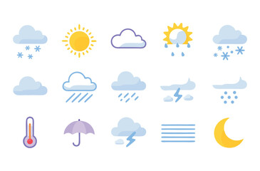 Obraz premium Minimal Colorful Weather Icon Set Including Cloud, Sun, Rain, Snow, Thunderstorm, Fog, and Forecast Symbols