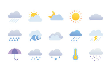 Obraz premium Flat Weather Icon Pack Featuring Rain, Sun, Cloud, Storm, Wind, Moon, and Temperature Elements for Forecast Design