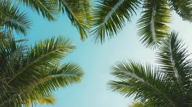 Green palm branches framing beautiful blue sky on sunny summer day, creating peaceful tropical background perfect for vacation and relaxation