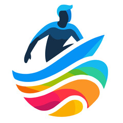 Colorful depiction of a surfer riding waves in an energetic style on transparent background