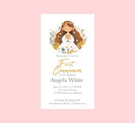 Elegant Digital First Communion Invitation for Girl Floral Christian Ceremony eCard Template