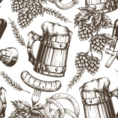 Beer mugs and food elements in a detailed pattern