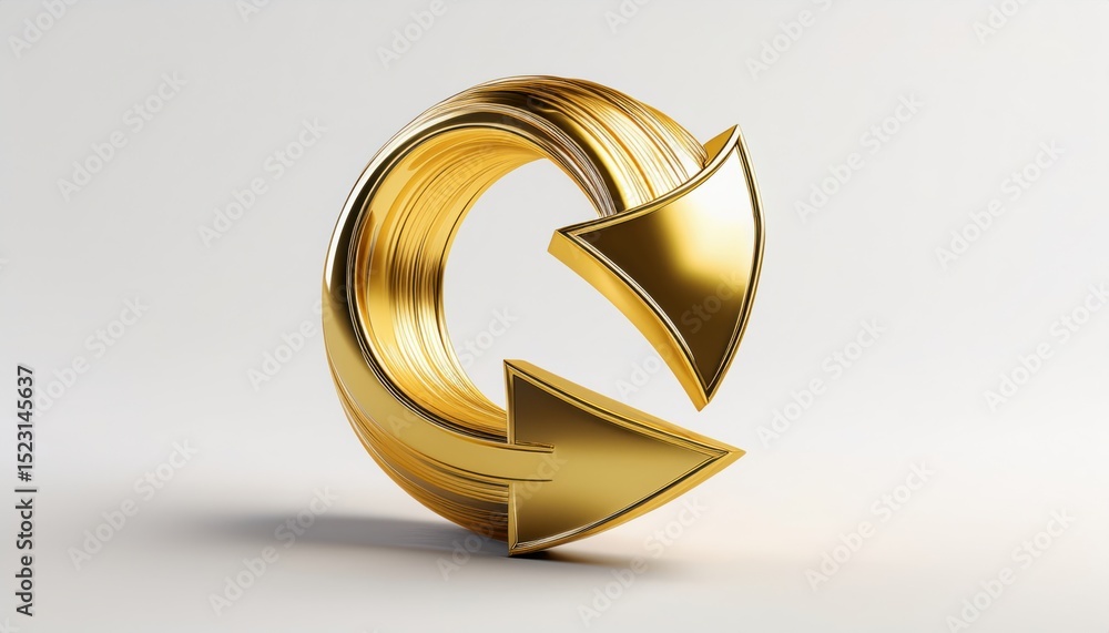 Poster glossy golden curved arrow in 3d loop shape isolated on white background for branding, business symbol, web icon, app design, infographic element, or modern marketing visual

