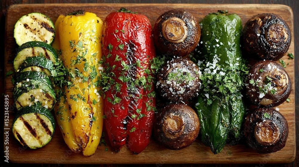 Poster a wooden cutting board adorned with an array of vibrant vegetables arranged neatly on a table