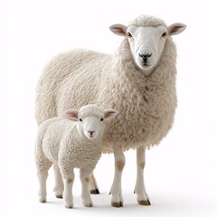 Fototapeta premium Fluffy Lamb and Ewe. Cute Sheep Pasture in Organic Farming Sanctuary