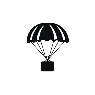 A simple, black silhouette of a parachute carrying a box