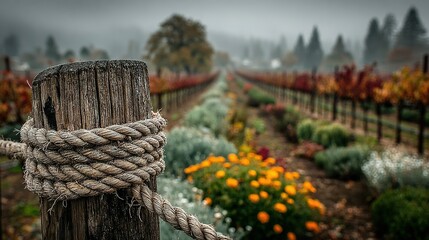 Fototapeta premium A close-up of a rope tied to a wooden post in a field surrounded by blooming flowers and towering trees in the distance