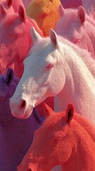 Colorful herd of horses in vibrant shades grazing peacefully under warm sunlight in a serene landscape