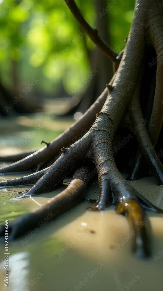 Poster A close-up view of a tree's roots submerged in water, perfect for use in environmental or nature-inspired designs