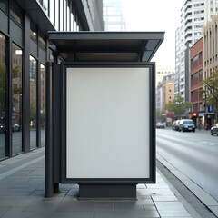 Fototapeta premium Bus Stop Ad Mockup with City Background – Urban Outdoor Advertising Display Template