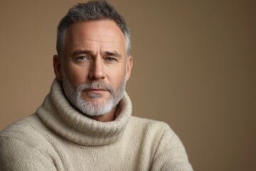 Obraz premium Mature Man Portrait with Gray Hair and Beard in Stylish Sweater. Handsome Model with Rugged Charm and Timeless Fashion Aesthetic in Studio Shot