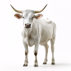 Naklejka premium White Cow in Pastoral Scene. Livestock and Agriculture in Rural Setting - Animal Welfare and Dairy Production Insights