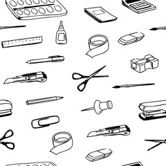 Stationery vector set of objects, office items, school supplies, seamless pattern, hand drawn sketch, monochrome illustration