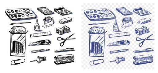 Stationery vector set of objects, office items, school supplies, hand drawn sketch, monochrome illustration