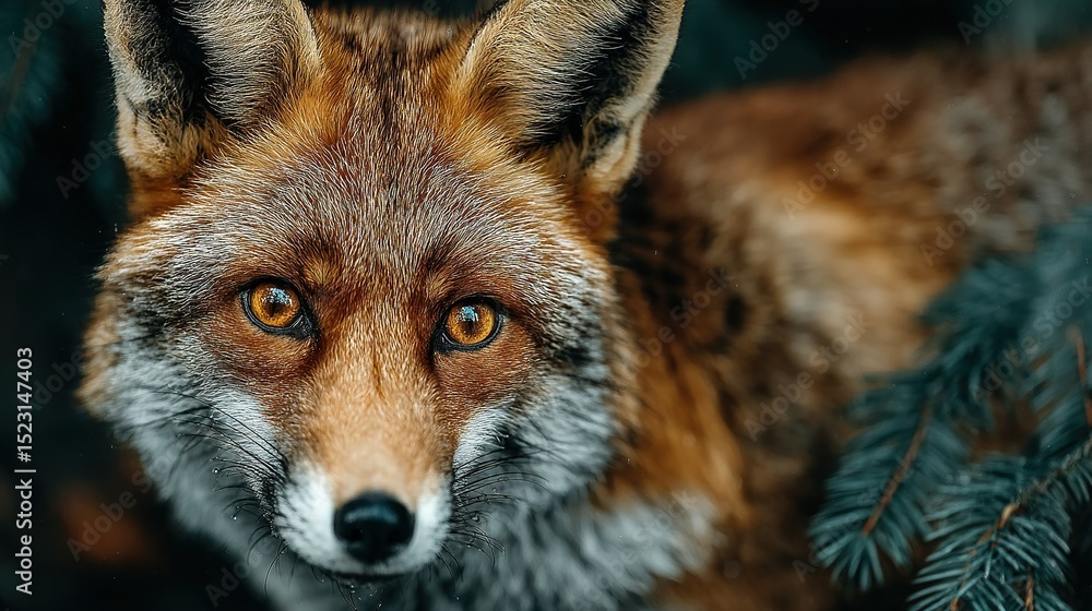 Poster a close-up of a fox's face, with a pine branch in the foreground and a tall pine tree in the backgro