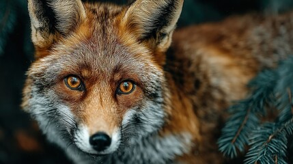 Fototapeta premium A close-up of a fox's face, with a pine branch in the foreground and a tall pine tree in the background