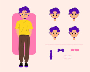 Modular cartoon male character creator kit with editable face expressions accessories and fashion elements ideal for animation game design UI avatars or creative storytelling illustrations